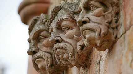 Naklejka premium Close-Up of Carved Stone Gargoyles on Gothic Architecture
