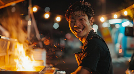Naklejka premium A young man smiles while cooking food in an open-air van at night with the city lights shining brightly behind him.