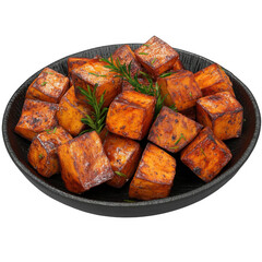 Ultrarealistic UHD Photo of Roasted Sweet Potatoes Cubed with Fresh Herbs and Spices, Perfect for Thanksgiving and Christmas Dishes