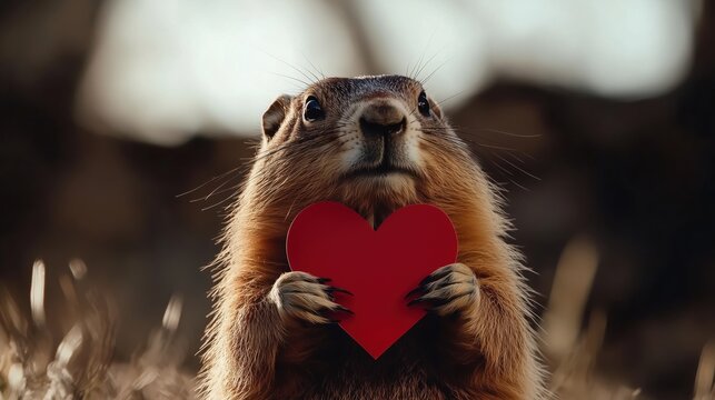 Groundhog holding red heart shape against bokeh background. Valentine wildlife concept