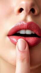 Obraz premium Close-up of a woman's lips with glossy lipstick and manicured fingernail gently touching them, exuding allure and elegance with soft, natural tones.