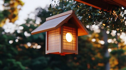 Illuminated Wooden Lantern Hanging from a Tree Branch