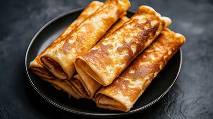 Close-up of a stack of rolled golden-brown pancakes on a black plate with a dark textured background