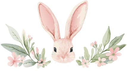 Obraz premium A cute rabbit with large ears adorned with flowers and green leaves, set against a clean background, perfect for spring-themed art or decorations