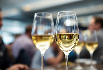 Obraz premium Elegant wine glasses filled with white wine in a sophisticated social setting, capturing the ambiance of a refined and modern gathering.