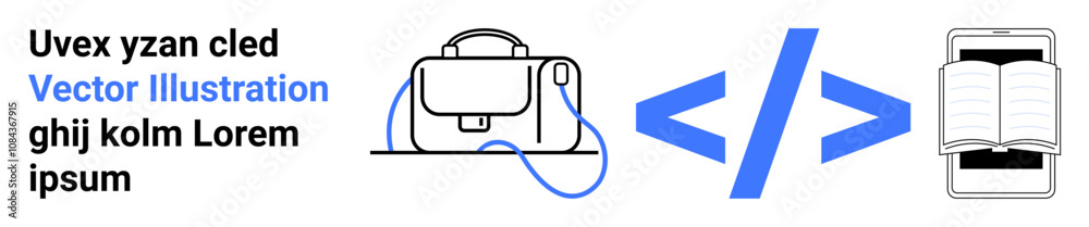 Wall mural backpack with cord loop, blue coding symbol, white open book with black lines. ideal for tech blogs,