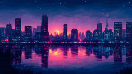 Obraz premium Night time In Cyber City pixel art 