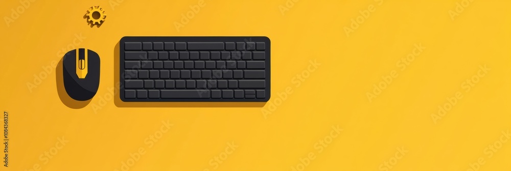 Poster a sleek keyboard is shown alongside a computer mouse and a gear icon, all against a bright yellow ba