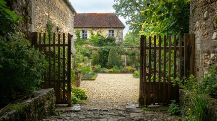 Naklejka premium Rustic Wooden Gate Leading to a Courtyard Garden
