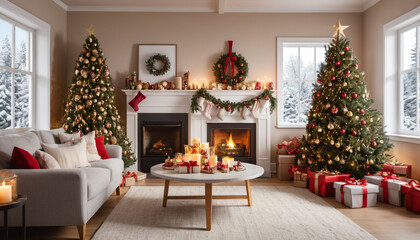 Obraz premium Festive Christmas Decorations in a Cozy Living Room Setting. A Christmas Festive Concept. 
