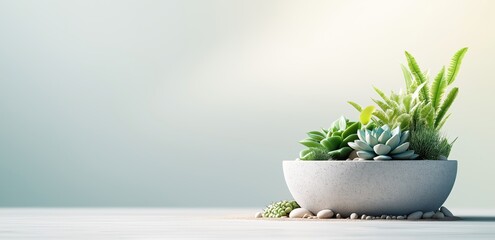 Succulent garden in concrete bowl with stones. Desert arrangement concept