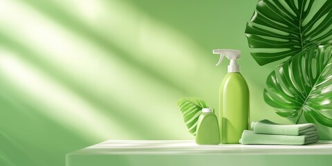 Green cleaning bottles with monstera leaves and towels. Natural household product concept