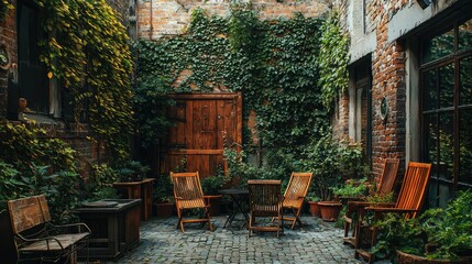Cozy Ivy-Covered Courtyard with Brick Walls and Seating