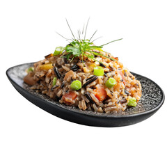 An Ultrarealistic UHD Photo of Wild Rice Pilaf, Mixed with Herbs and Spices, Served in a Rustic Bowl, Perfect for Thanksgiving or Christmas Dinner