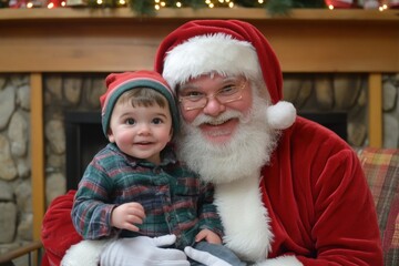 Santa claus holding a smiling toddler in front of a fireplace during christmas time