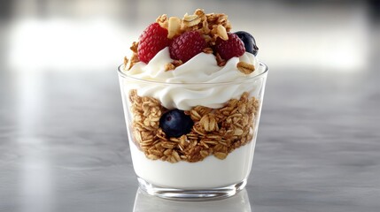 Greek Yogurt Parfait with Granola and Fresh Berries: Professional Food Photography at a 45-Degree Angle, Clean Composition, Negative Space, Soft Natural Lighting.
