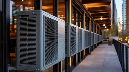 Outdoor air conditioning units installed on the side wall of a modern building with glass windows and a view of a cityscape, featuring a long pathway and decorative lighting.