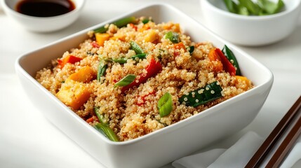 Quinoa and Vegetable Stir-Fry: Professional Top View Food Photography with Chopsticks and Soy Sauce, Clean Composition, Negative Space, and Natural Lighting.