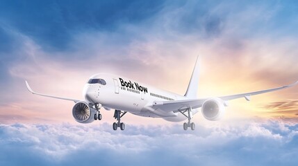 Obraz premium Dramatic Scenic View of Commercial Airliner Soaring Through Colorful Sky with Book Now Promotion Banner
