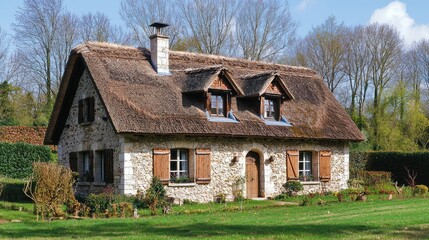 Fototapeta premium Cozy Stone Farmhouse with Thatched Roof in Nature