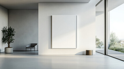 Modern minimalist room with large white framed picture 