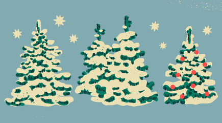 Winter Spruce Trees in the snow. Green fluffy snow covered pines. Retro cartoon style. Hand drawn Vector illustration. Isolated design elements. Christmas, new year celebration, cozy weather concept