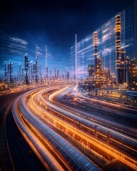 Illuminated Oil Pipeline Weaving Through Vibrant Industrial Cityscape