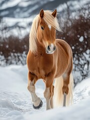 Beautiful Norwegian Fjord Horse Running Through Snowy Winter Landscape