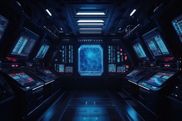Futuristic control room with glowing interface and space view.
