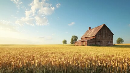 Obraz premium Serene Farmhouse by Golden Wheat Field