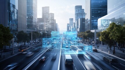Fototapeta premium Futuristic Cityscape: Smart City Technology and Urban Transportation
