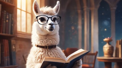 Llama reading a book under a starry night sky near an ancient castle