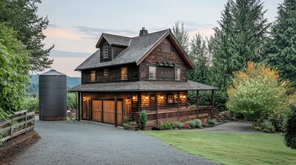 Traditional Wooden Farmhouse with Barn and Silo