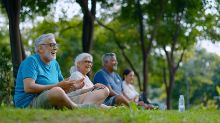 Fototapeta premium Indian elder citizens doing laughing therapy in Park
