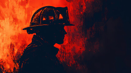 Somber portrayal of a firefighter in uniform and helmet, exuding a sense of melancholy and contemplation in a quiet scene. Melancholy. Illustration