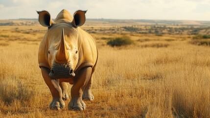 Naklejka premium A majestic rhinoceros standing in a golden grassland under a warm sunlight, symbolizing strength, resilience, and the beauty of wildlife in nature.