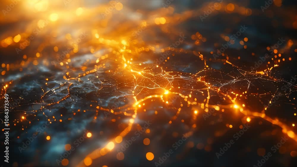 Poster a glowing neural network pattern with golden nodes and connections, symbolizing data flow and innova