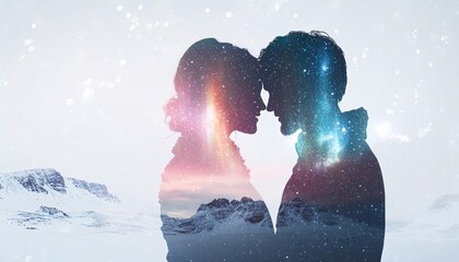 Obraz premium Romantic Double Exposure of a Couple Embracing in a Heartfelt Valentine's Day Moment