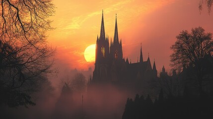 Naklejka premium Gothic Revival Church at Dawn with Spires Silhouette