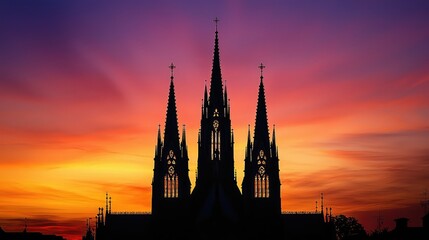Fototapeta premium Gothic Revival Church at Dawn with Spires Silhouette