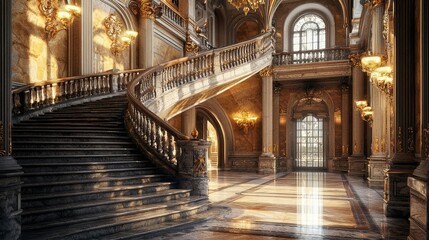 Obraz premium Elegant Stone Staircase with Ornate Lighting and Foyer