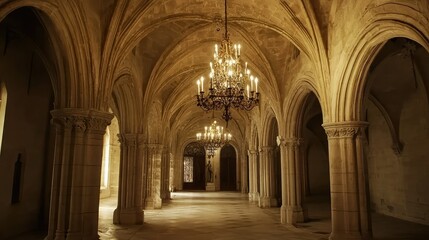 Fototapeta premium Grand Gothic Revival Hallway with Tall Arches