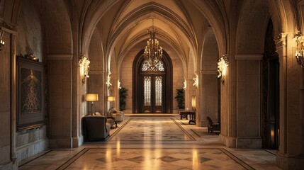 Obraz premium Grand Gothic Revival Hallway with Stone Arches