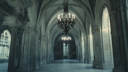 Fototapeta premium Grand Gothic Revival Hallway with Stone Arches