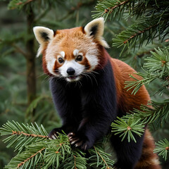 Obraz premium Closeup shot of a red panda on a fir tree in the wild