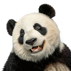 Obraz premium A panda with a friendly expression, open mouth showing teeth, slightly turned toward the camera.