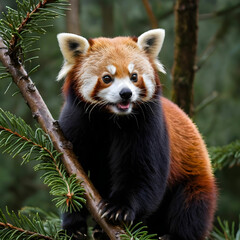 Fototapeta premium Closeup shot of a red panda on a fir tree in the wild