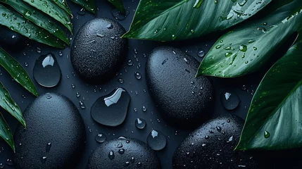 Plexiglas schilderij Toilet Smooth black stones and green leaves with water drops on a black background.  © tono boys