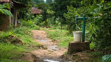 Fototapeta premium Hand Pump and Bucket Beside Pathway in Nature