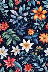 Fototapeta premium Enchanting floral scene featuring vivid flowers, lush greenery on starry backdrop,for creative designs seeking blend of natural beauty, cosmic charm, poster, greeting card, print, background, textile